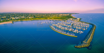 桑德林汉姆,游艇码头,游艇,全景,航拍视角,海岸线,停泊的,墨尔本,粉色,日落