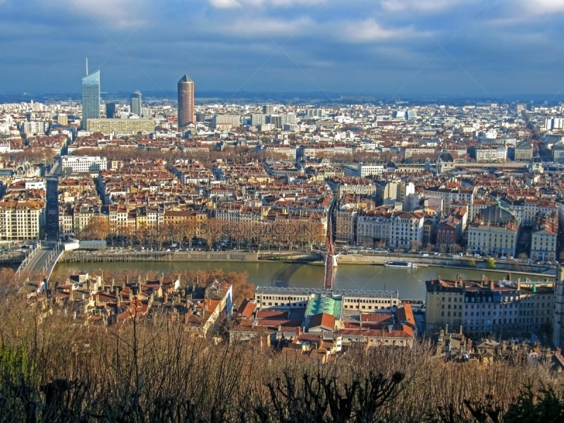 Lyon, France â January, 2019: The district of La Part-Dieu is the central business district of Lyon, located in its 3rd arrondissement from the top of Fourviere hill, Auvergne-Rhone-Alpes, France