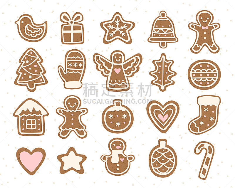 绘画插图,矢量,饼干,卡通,生姜,甜点心,面包,白色,十二月