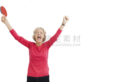 乒乓球,老年人,高举手臂,女性,乒乓球拍,运动,背景分离,技能,一个人,拳头