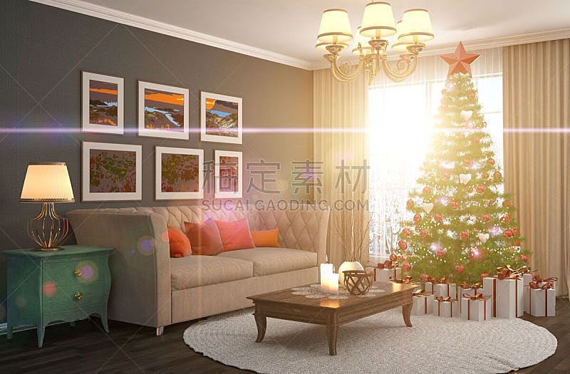 圣诞树,起居室,三维图形,插画,球,新的,黄金,水平画幅,夜晚