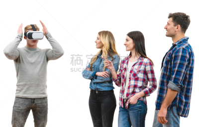 白色背景,四个人,友谊,乐趣,虚拟现实,背景分离,人类居住地,技术,现代,三维图形