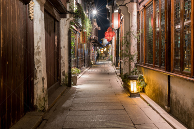夜晚,远古的,苏州,街道,周庄,暗色,灯笼,乌镇,古董,河流