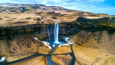 瀑布,冰岛国,seljalandsfoss waterfall,自然美,航拍视角,水,天空,美,水平画幅,无人