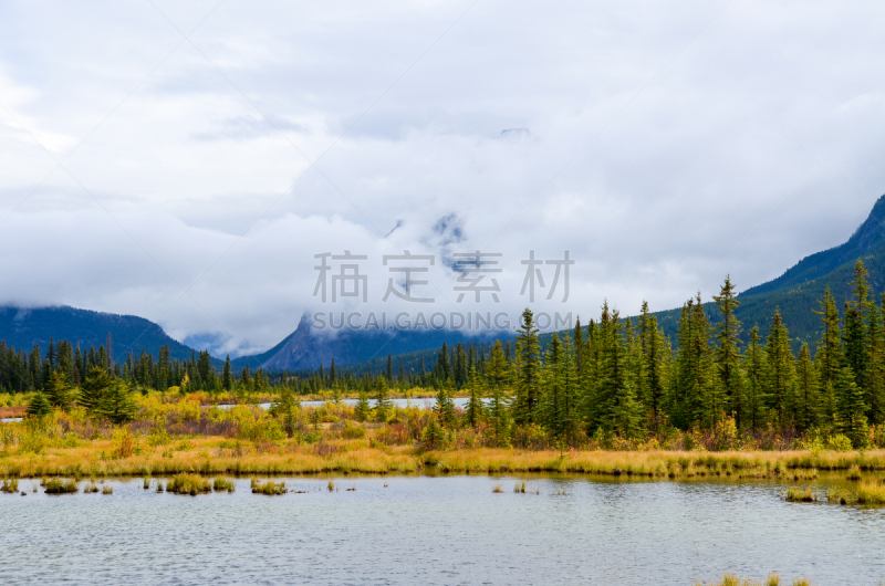 云,加拿大,蓝道山,加拿大落基山脉,秋天,阿尔伯塔省,雨,维米里恩湖