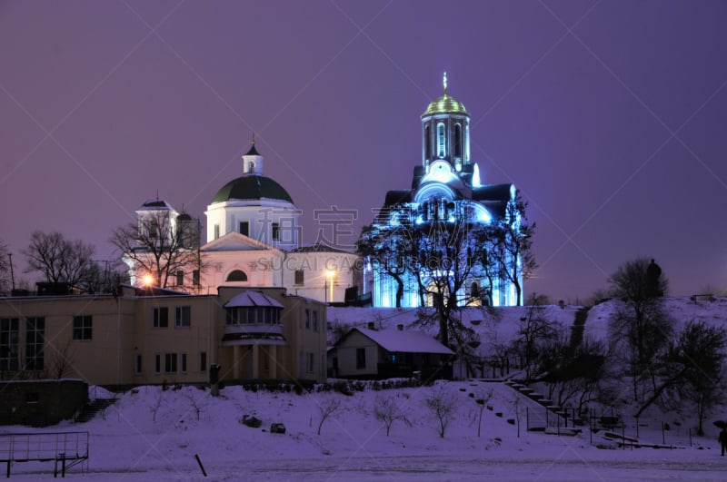 乌克兰,都市风景,城堡峰,城市,窗户,灯笼,水平画幅,夜晚,雪