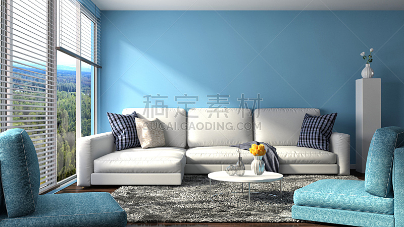 沙发,室内,绘画插图,三维图形,起居室,住宅房间,水平画幅,无人,蓝色,装饰物