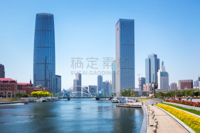 天津市,天空,晴朗,水,水平画幅,无人,玻璃,户外,都市风景,现代