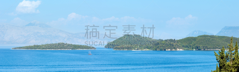 夏天,希腊,全景,海岸线,莱夫卡斯,水,天空,客船,水平画幅,无人