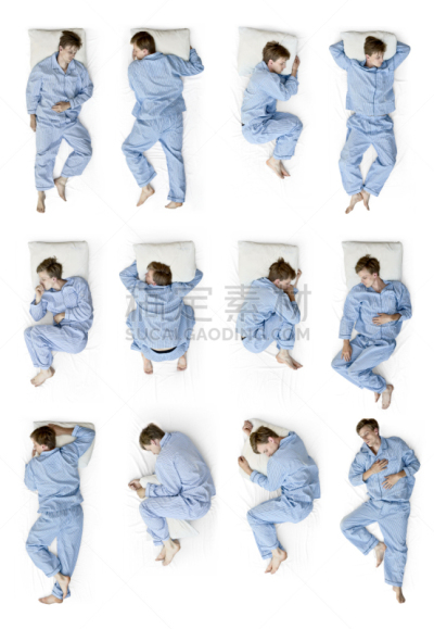 位置,睡眠呼吸暂停,失眠症,垂直画幅,情绪压力,正上方视角,白色背景,人,背景分离,二件式睡衣