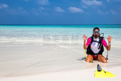 水肺潜水,海滩,女人,潜水挡板,浮潜,呼吸管,水,天空,美