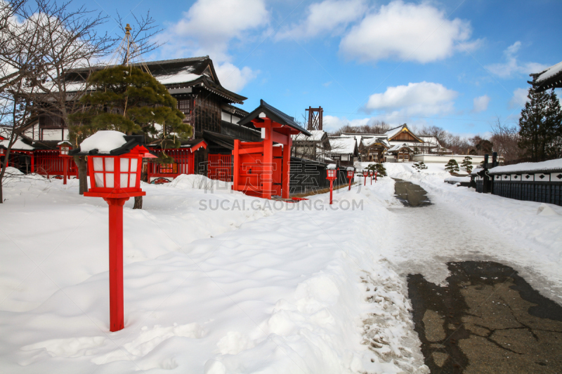 雪乡,天空,水平画幅,雪,无人,乡村,小路,户外,房屋,灯