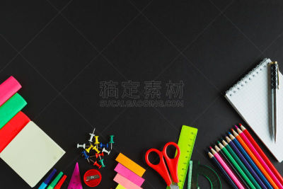 学校用品,侧面视角,水平画幅,无人,笔记本,剪刀,笔形海胆,图钉,铅笔,尺