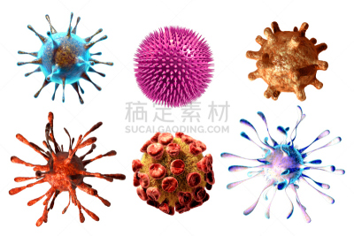病毒,细菌,绘画插图,健康保健,分离着色,白色背景,轮状病毒,人乳头状瘤病毒 ,癌细胞,生物学