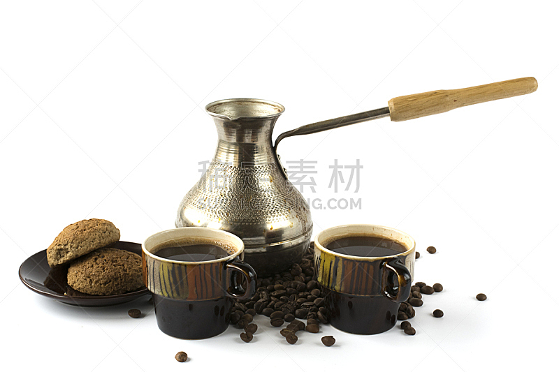 饼干,咖啡杯,两个物体,黑咖啡,餐具,烤咖啡豆,褐色,早餐,水平画幅,咖啡