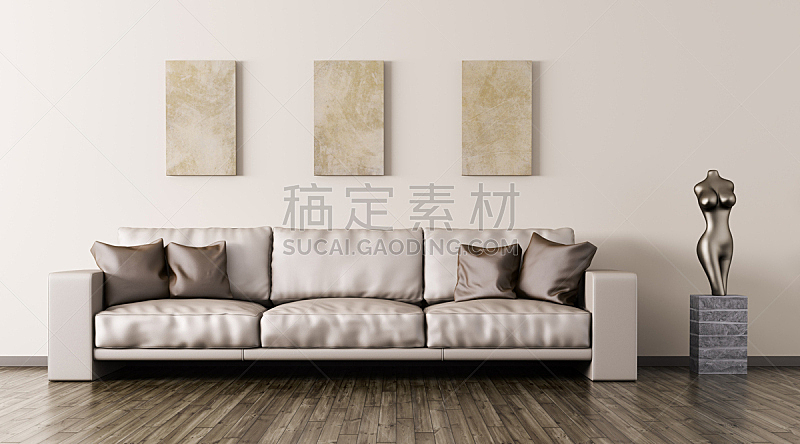 沙发,三维图形,室内,极简构图,青铜色,褐色,水平画幅,墙,绘画插图,皮革