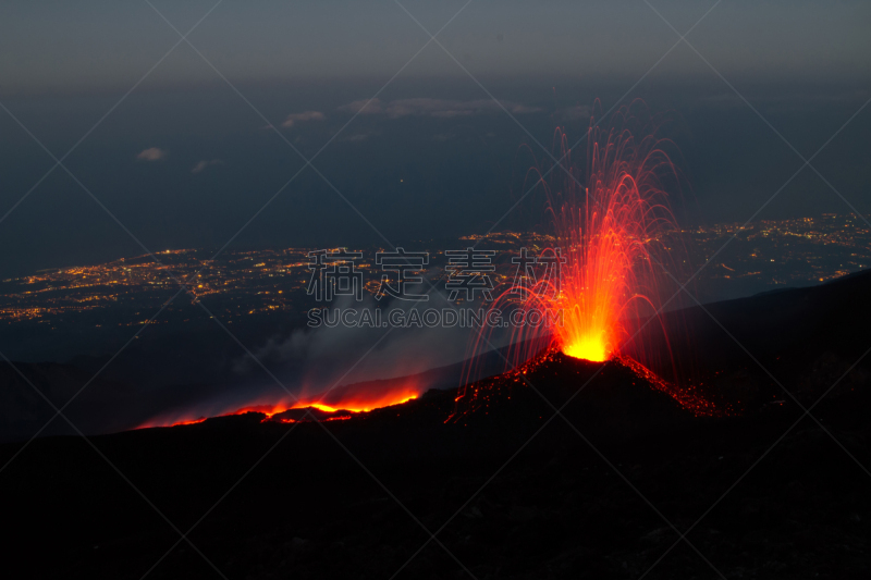 喷泉,熔岩,埃特纳火山,水平画幅,西西里,山,2014年,机场