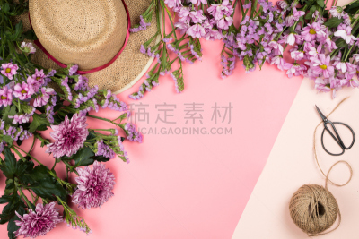 草帽,线绳,粉色,雏菊,淡雅,留白,边框,背景聚焦,花,排列