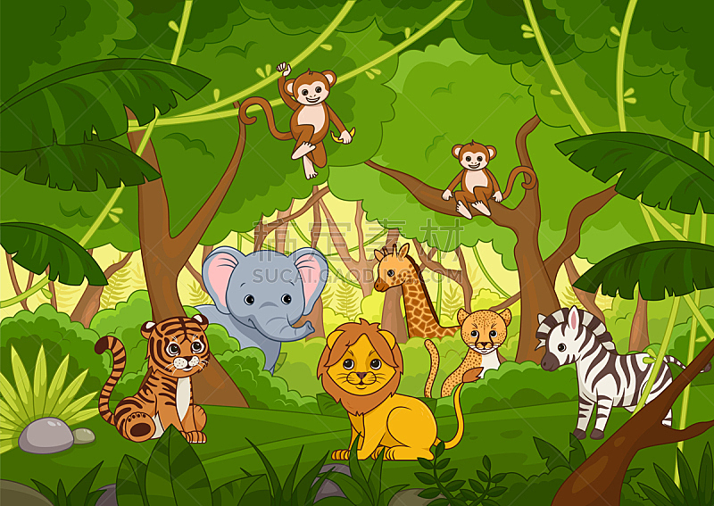 可爱的,动物,卡通,热带雨林,多样,猴子,斑马,热带气候,野生动物,狮子