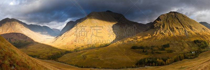 彩虹,在上面,loch achtriochtan,水平画幅,地形,格伦科,秋天,无人,全景,苏格兰