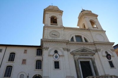 Upwards view to Santissima Trinità dei Monti at Spanish stairs in Rome, Italy