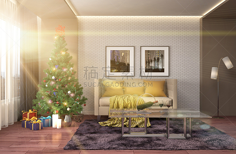 圣诞树,起居室,绘画插图,贺卡,圣诞卡,水平画幅,无人,房屋,俄罗斯