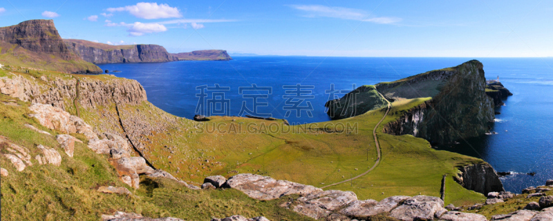 苏格兰,全景,海岸线,内斯特角灯塔,斯凯岛,草原,水平画幅,山,无人,大西洋