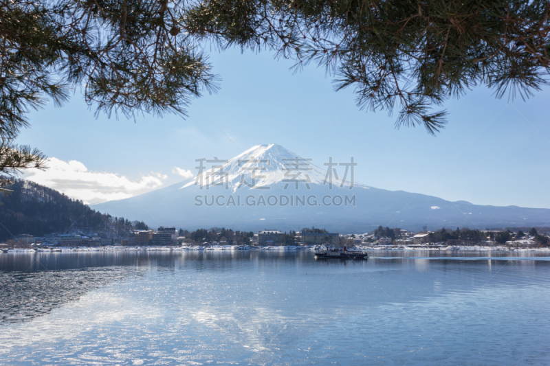 富士山,湖,河口湖,富士河口湖,水平画幅,雪,无人,早晨,户外,冬天