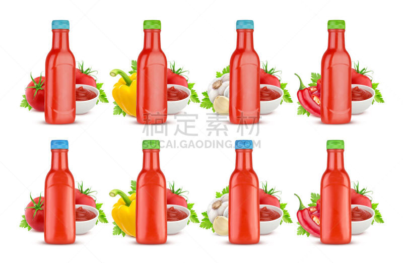 瓶子,番茄酱,分离着色,白色背景,留白,酱油壶,绘画插图,标签,盒子,红辣椒