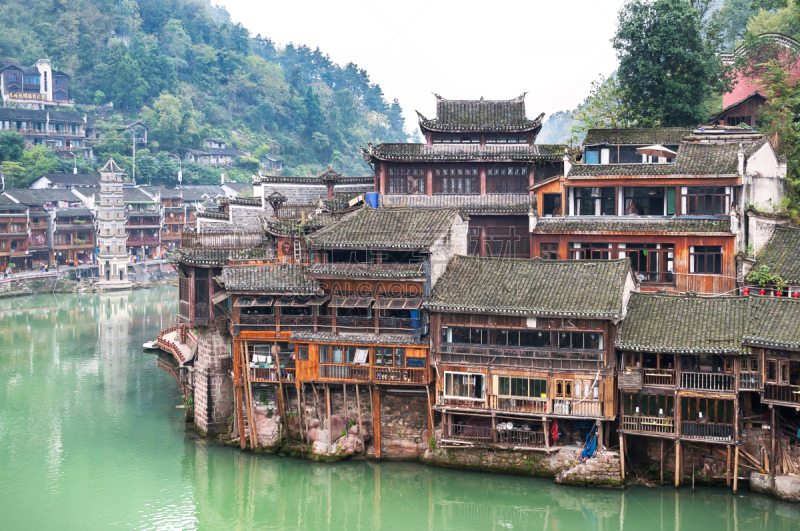 Stilt houses on the Tuojiang River at Fenghuang, China