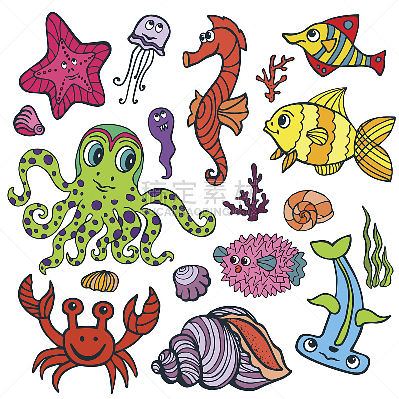 乱画,海洋生命,鱼类,幽默,卡通,海马,可爱的,深的,野生动物,海星
