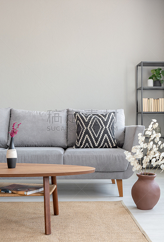灰色,沙发,木制,极简构图,公寓,地毯,室内,桌子,花,摄影