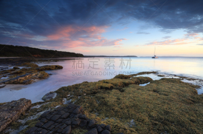 海滩,澳大利亚,甘蓝,天空,双体船,休闲活动,水平画幅,户外,海草,礁石