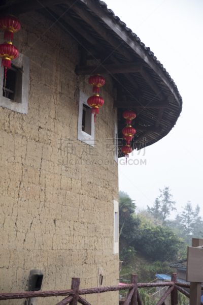 蒂卢,客家族,福建省,中国,永定,垂直画幅,灯笼,地形,墙,建筑