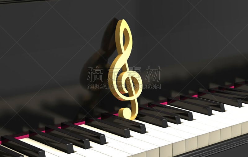 Golden treble clef on the piano keyboard (3d illustration).