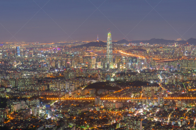 首尔,夜晚,城市天际线,韩国,江南区,水平画幅,建筑,无人,金融,黄昏