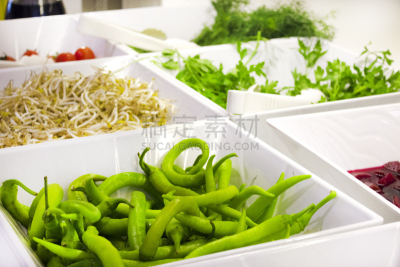 莳萝,大豆,开着的,碗,自助餐,欧芹,酒店,白色,樱桃番茄,青椒