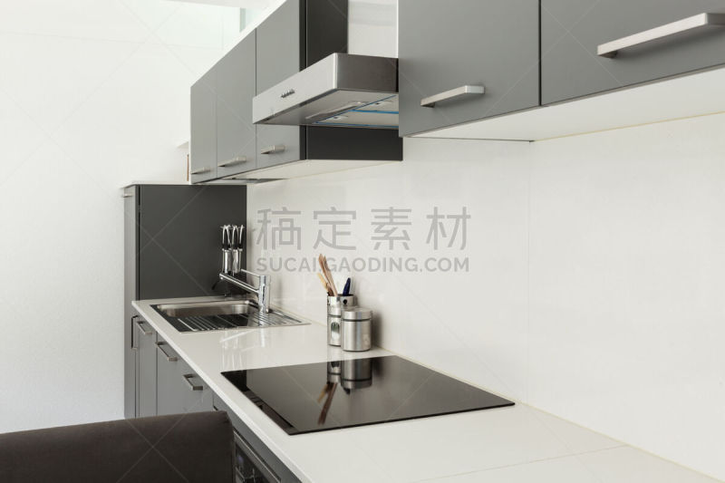现代,厨房,新的,水平画幅,墙,无人,抽油烟机,家庭生活,开着的,白色