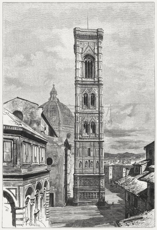 Baptistery, Cathedral, and Campanile, Florence, Italy, wood engraving, published 1884