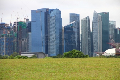 新加坡,城市天际线,安全护栏,水平画幅,枝繁叶茂,建筑,无人,金融,银行业,草坪