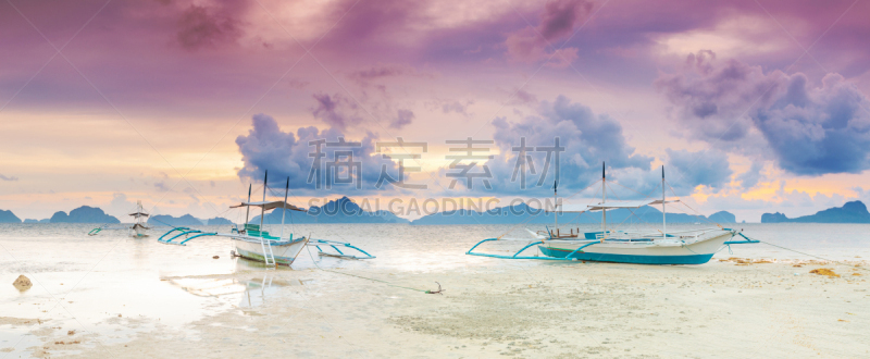 全景,船,桨叉架船,巴拉望,独木舟,水,水平画幅,无人,曙暮光,夏天