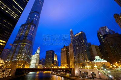城市天际线,芝加哥河,水平画幅,夜晚,无人,曙暮光,户外,都市风景,现代,著名景点