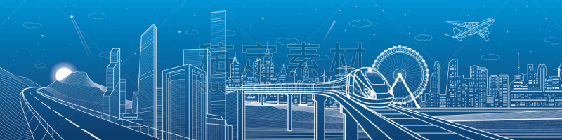 城市,火车,公路,山,全景,桥,能源,机车,成一排,未来