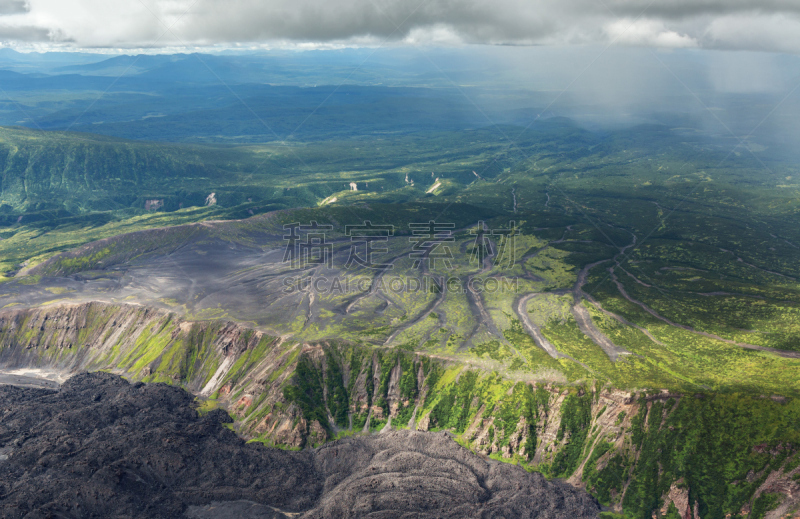 堪察加半岛,火山,火山喷口,自然保护区,风管,间歇泉,熔岩,直升机,水平画幅,夏天