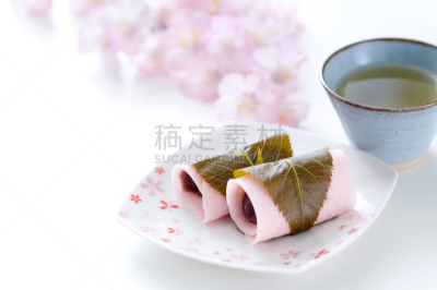 橡叶麻糬,水平画幅,樱花,无人,日式茶杯,白色背景,日本点心,春天,日本料理