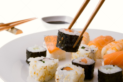 寿司,高处,加州卷,斑节对虾,餐具,褐色,水平画幅,提举,海产,组物体