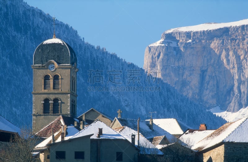 乡村,艾吉耶山,乐艾古雅山,the vercors,水平画幅,雪,无人,户外,钟