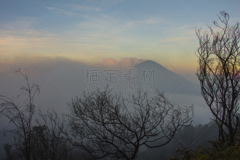 爪哇,印度尼西亚,天空,早晨,旅行者,烟,湖,采矿业,黎明,倾斜的