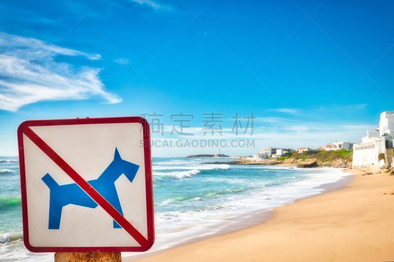 Sign of forbidden dogs on the beach of Guadalupe, in the Caños de Meca, a tourist place on the coast of Cádiz, Andalusia, Spain