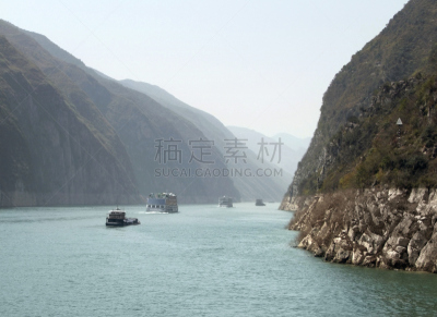 长江,风景,水,留白,客船,水平画幅,山,工业船,无人,谷边